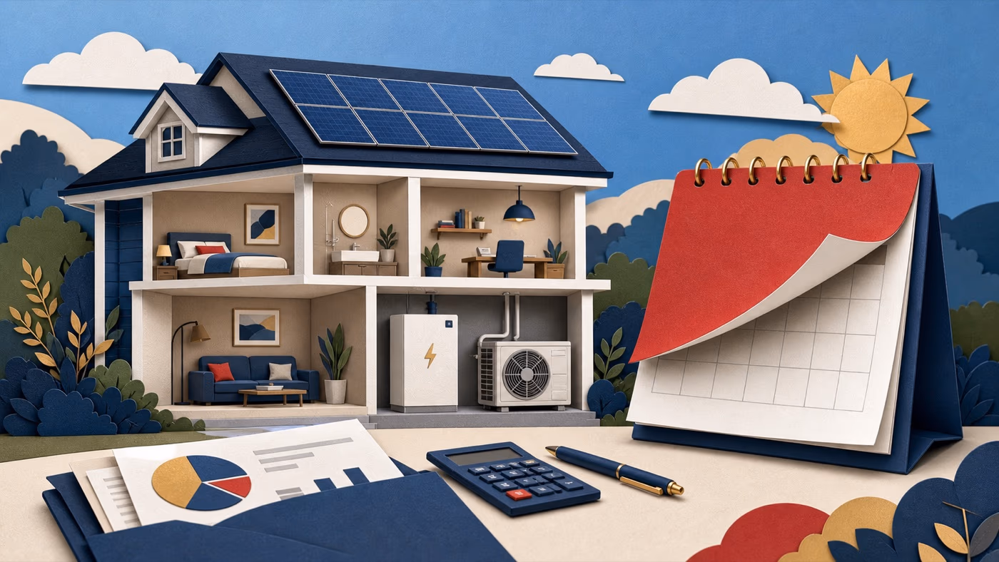 Paper-cut home energy planning scene with solar panels, battery storage, heat pump, calendar and calculator