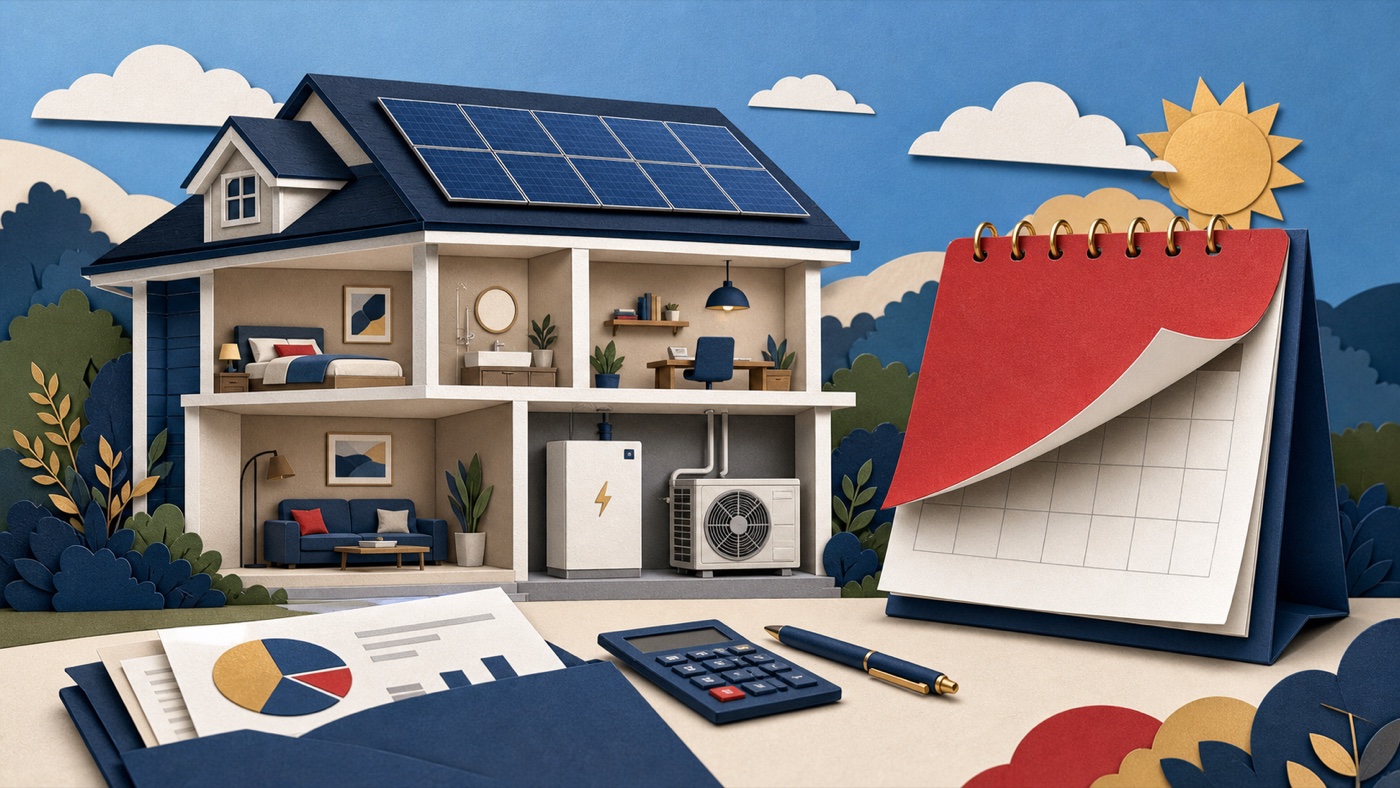 Paper-cut home energy planning scene with solar panels, battery storage, heat pump, calendar and calculator