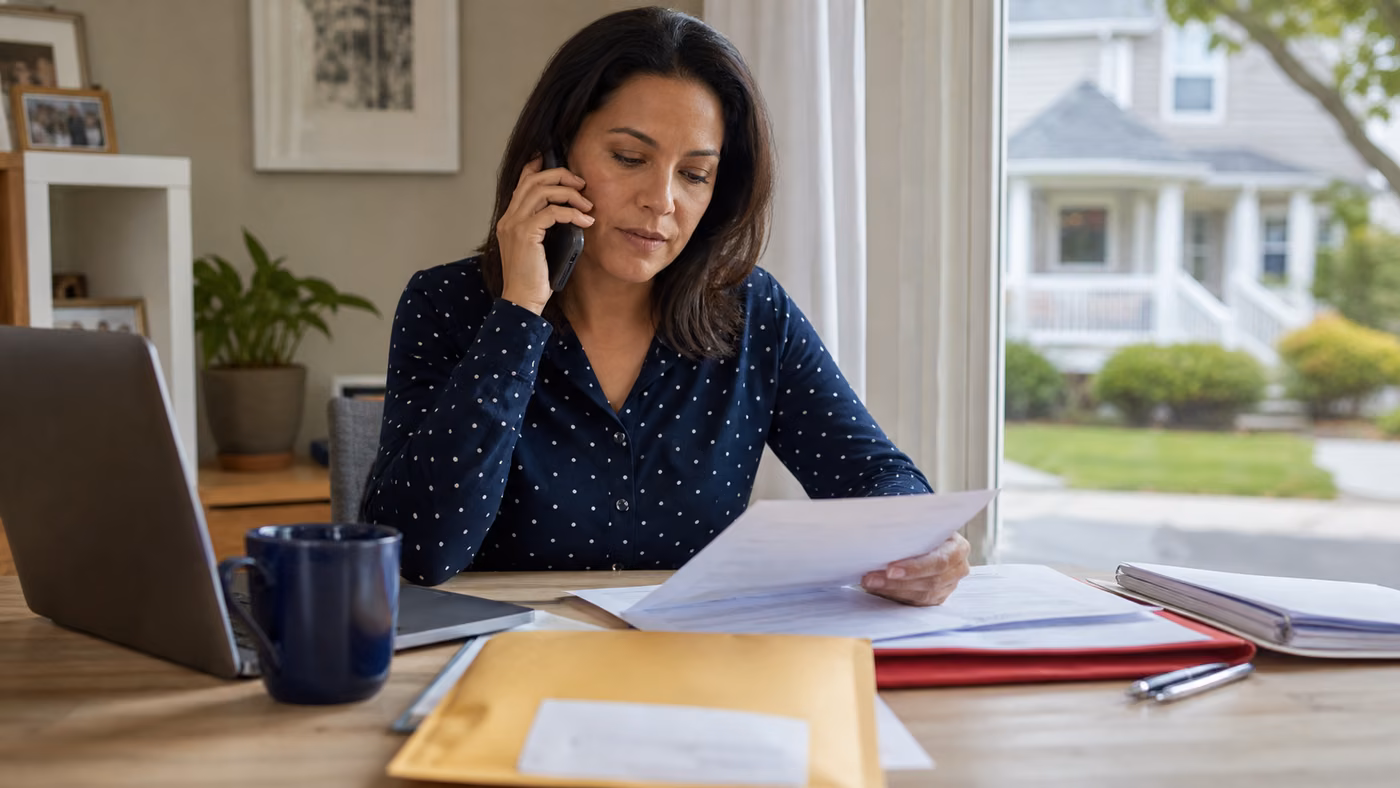 Original editorial image of a homeowner calling an insurance agent while organizing policy documents for a mortgage servicer