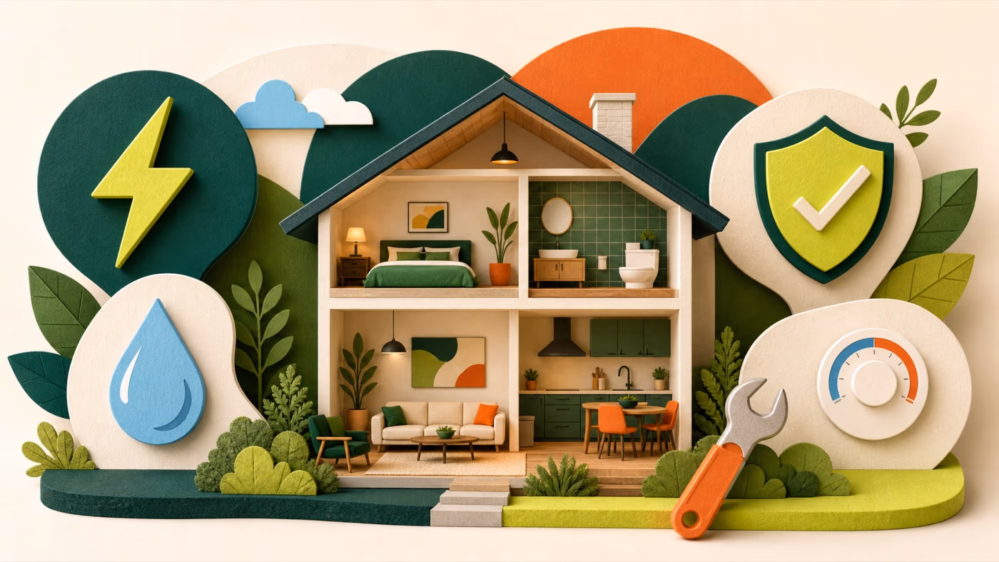 Editorial cutaway illustration of a home surrounded by energy, water, insurance, and maintenance symbols