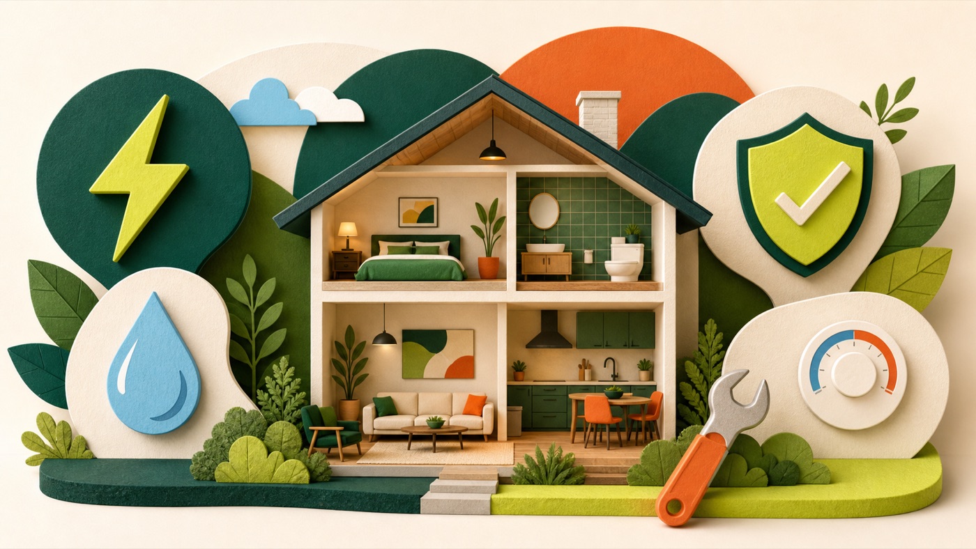 Editorial cutaway illustration of a home surrounded by energy, water, insurance, and maintenance symbols