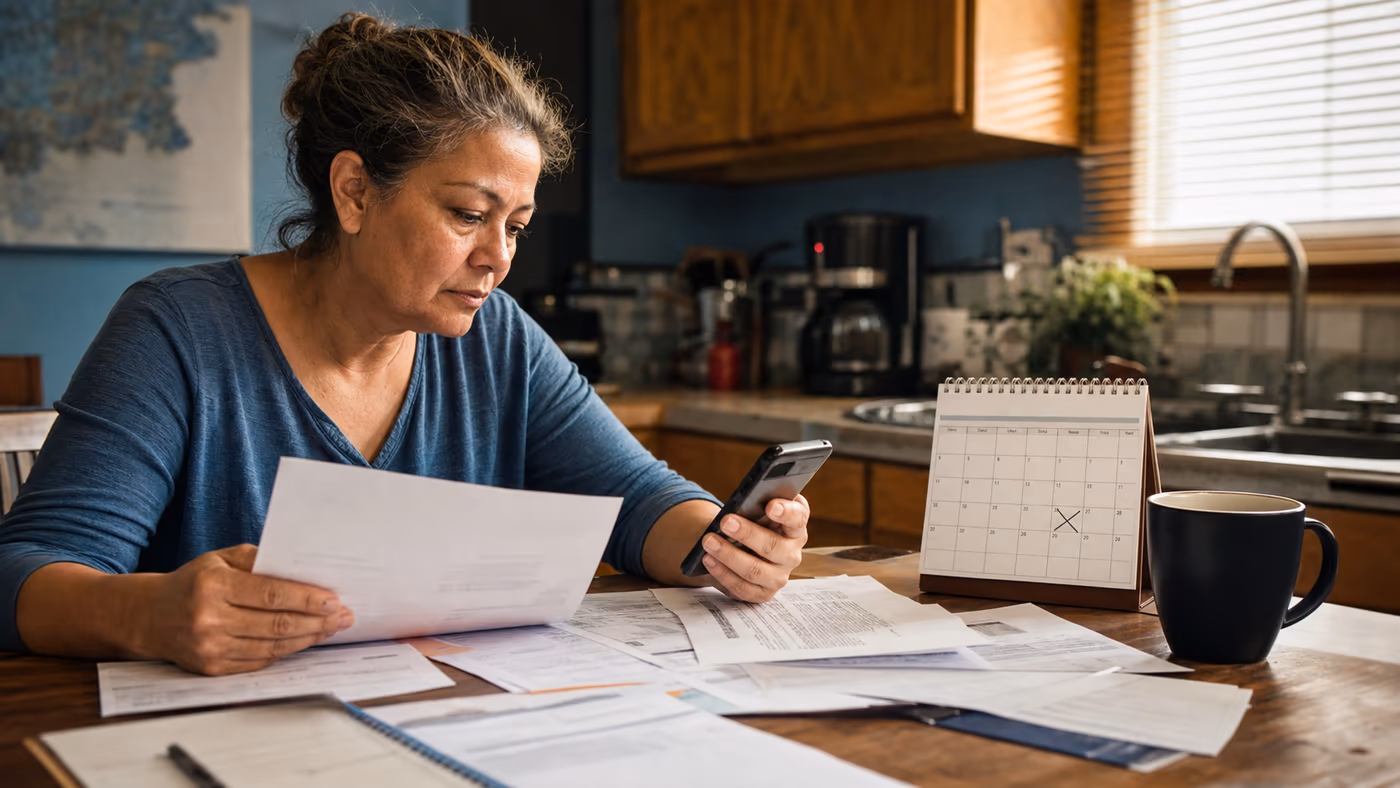 Homeowner at a kitchen table checking assistance information on her phone beside bills and a marked calendar