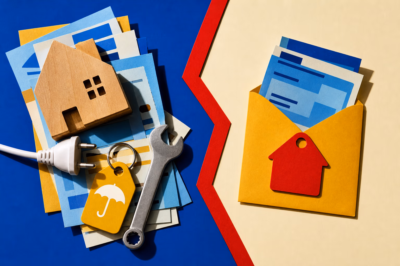 Editorial still life of a homeowner sorting colorful house bills into deductible and everyday-cost piles without visible text