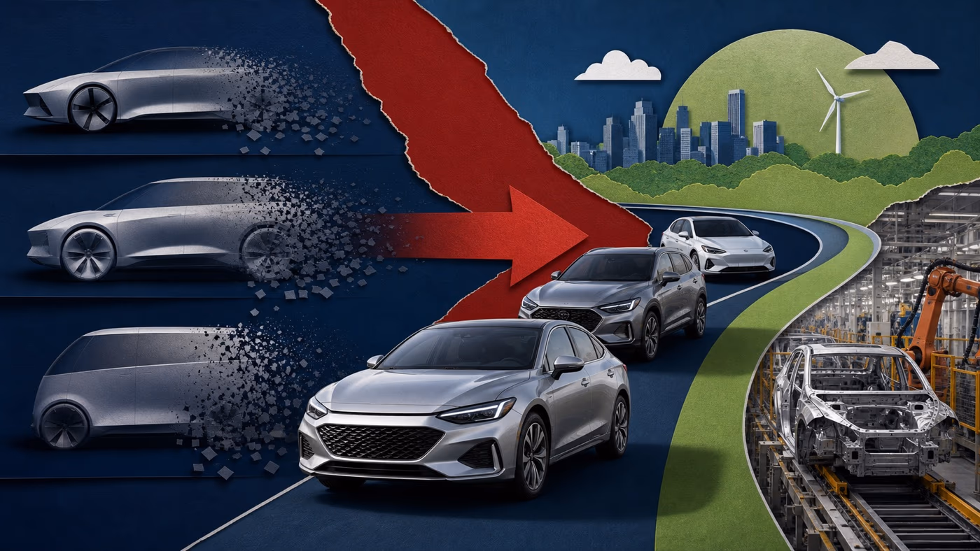 Original editorial illustration of a future-car planning board changing direction from three electric concepts toward a hybrid route