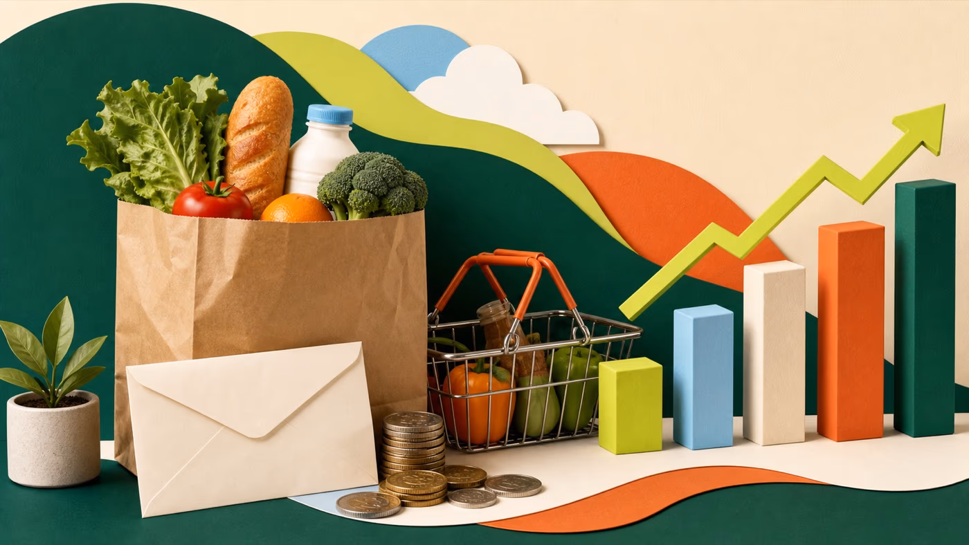 Editorial illustration of groceries, household bills, coins, and a rising price chart