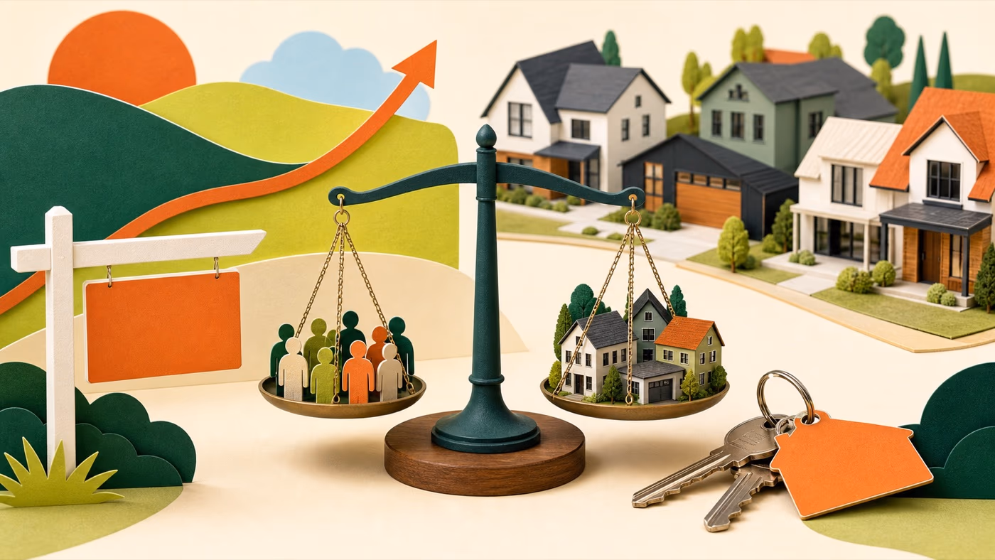 Editorial illustration of a neighborhood, house keys, and a scale balancing homes with buyers