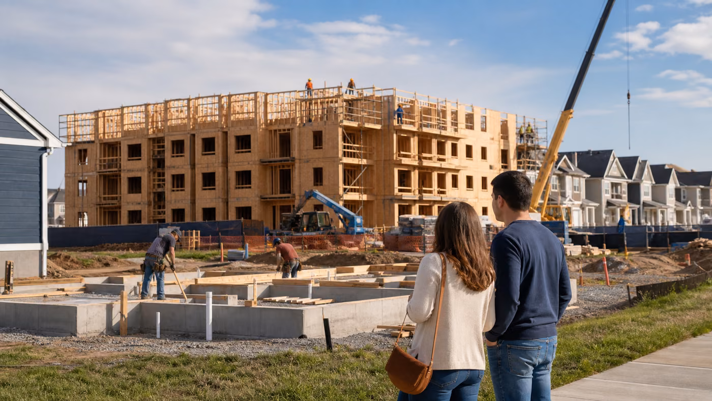 Original editorial image of a busy apartment construction site beside a quieter single-family home foundation