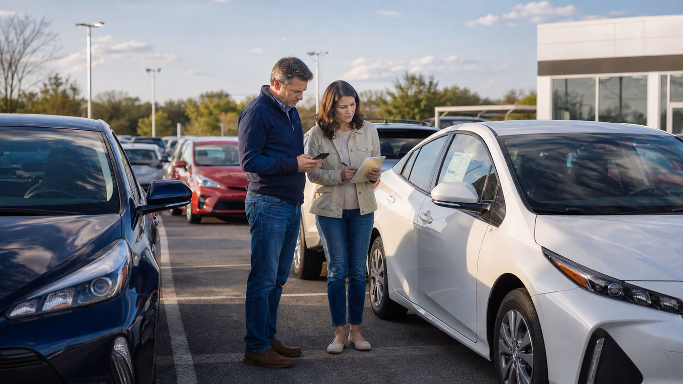 Original editorial image of a couple comparing practical hybrid cars on an American dealership lot