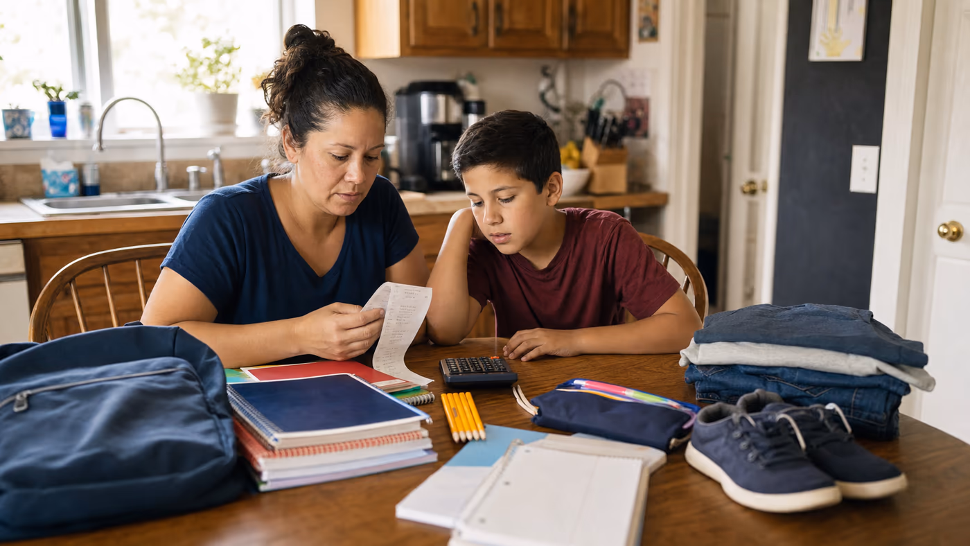 Illinois parent and child reviewing a receipt beside notebooks, pencils, a backpack, sneakers and school clothing