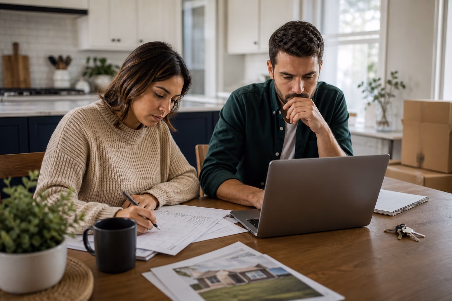 Household reviewing a job search, moving timeline and home budget at a kitchen table