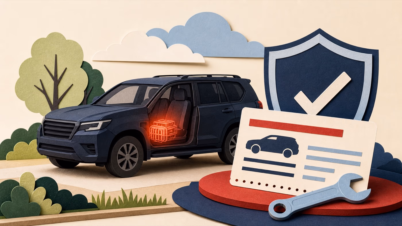Paper-cut unbranded midsize SUV with a glowing seat-motor warning, recall card, safety shield and repair wrench