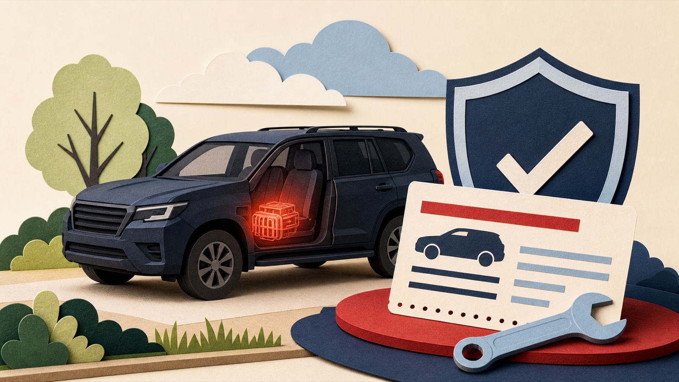 Paper-cut unbranded midsize SUV with a glowing seat-motor warning, recall card, safety shield and repair wrench