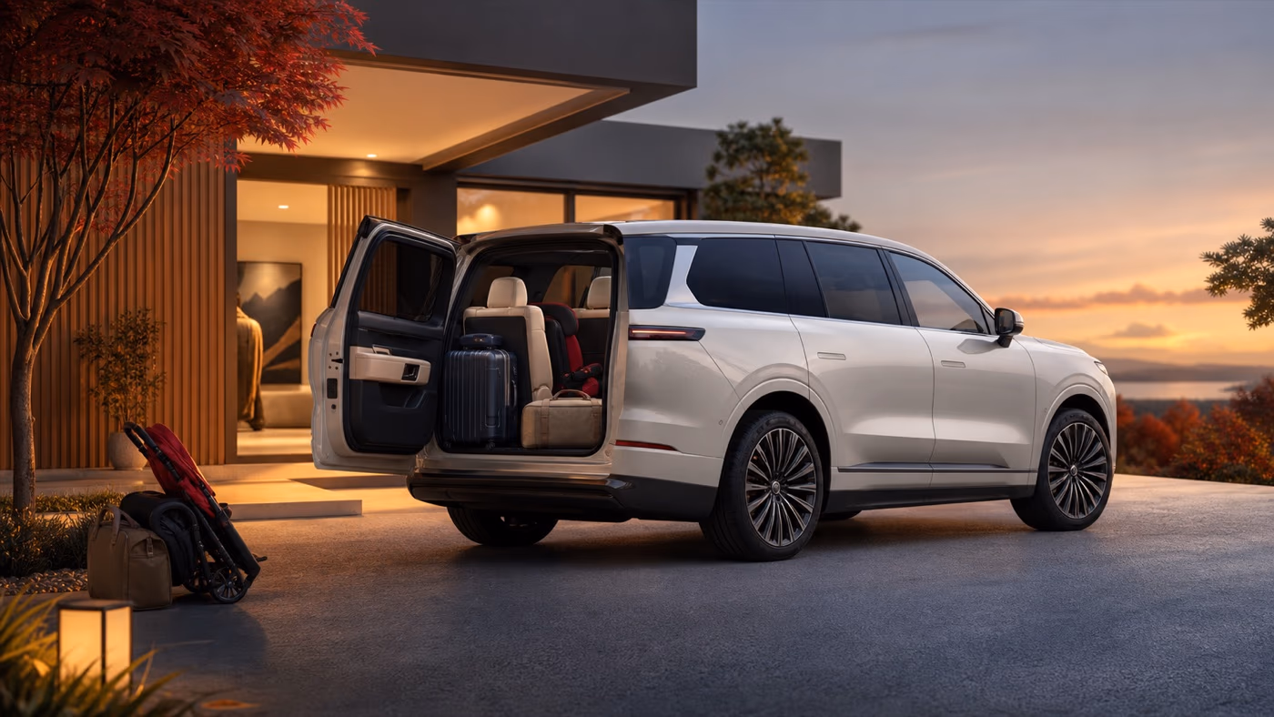 Original editorial illustration of a three-row electric family SUV with luggage, child seat and charging planner