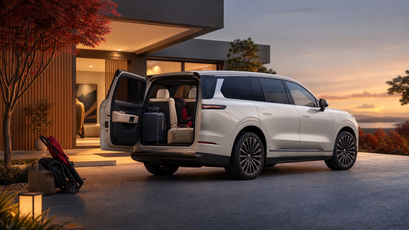 Original editorial illustration of a three-row electric family SUV with luggage, child seat and charging planner