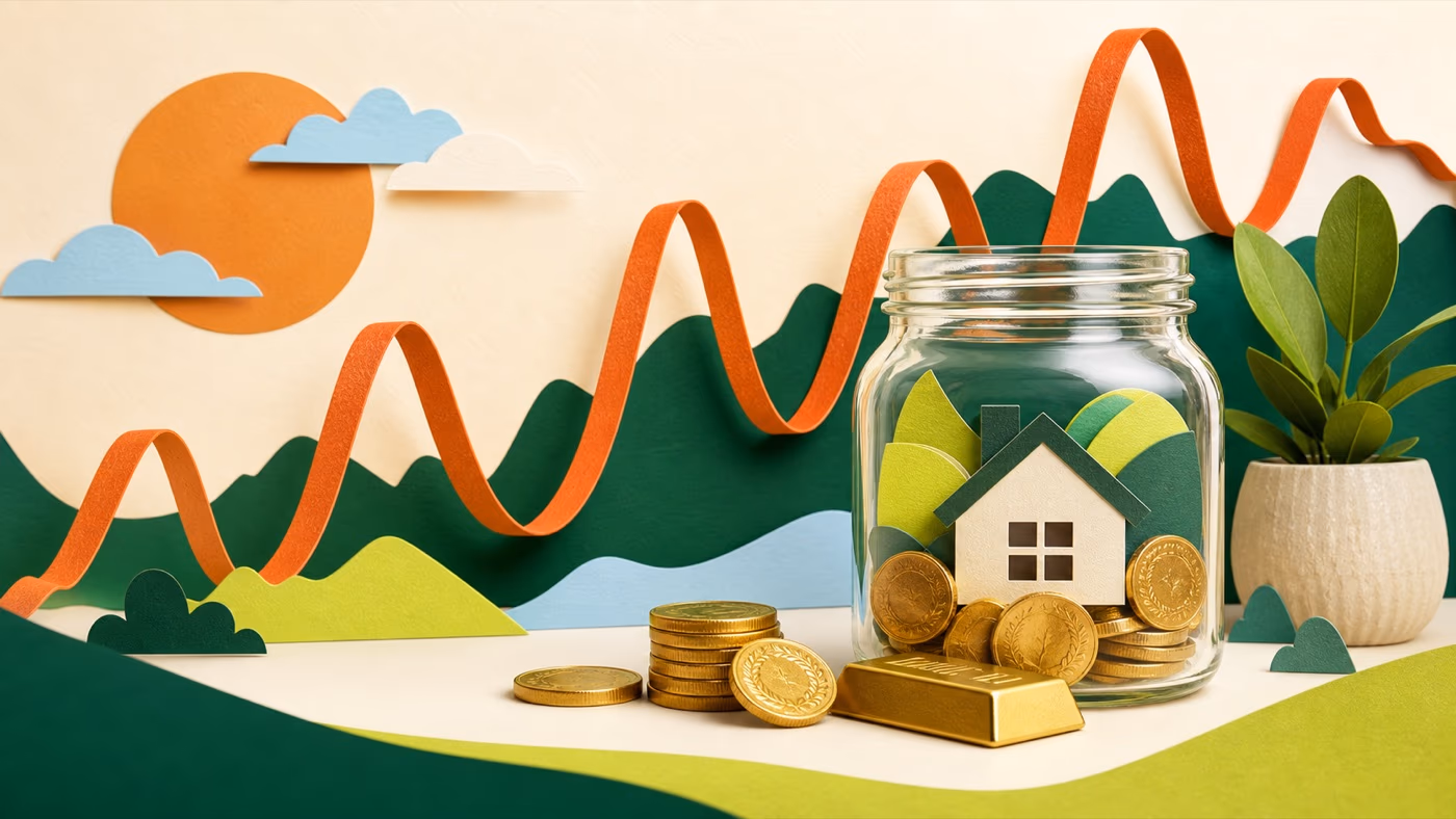 Editorial illustration of gold coins, a savings jar, a small home, and a changing market line