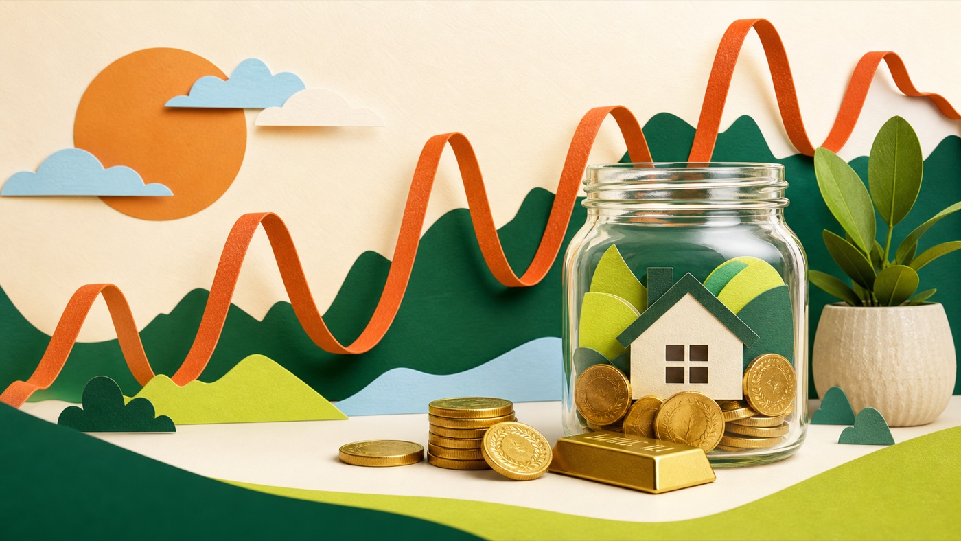 Editorial illustration of gold coins, a savings jar, a small home, and a changing market line