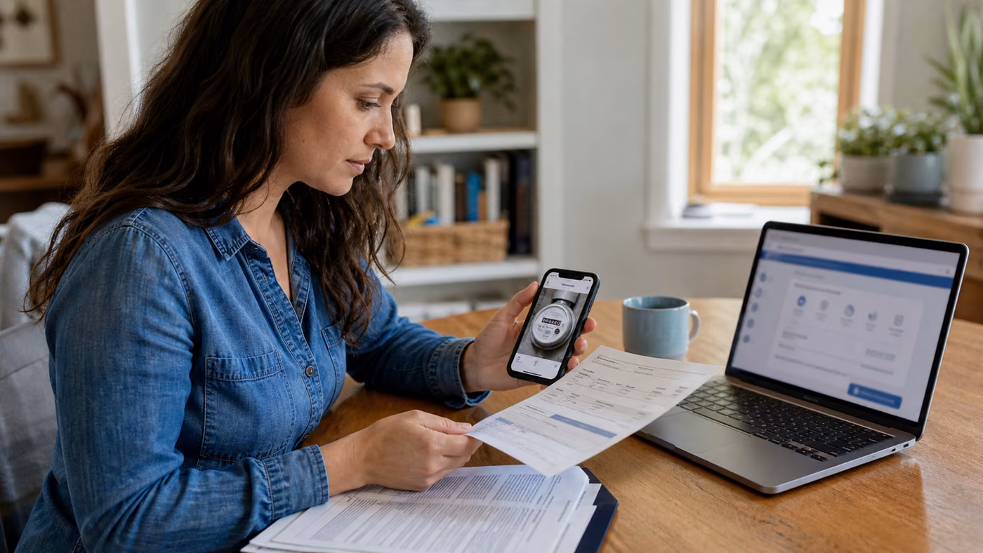 Minnesota renter documenting a utility meter and reviewing a payment portal at the kitchen table