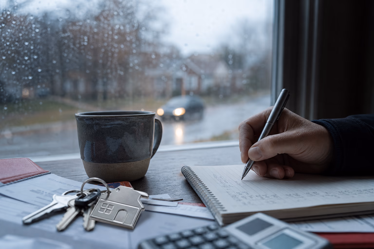 Homebuyer comparing an updated mortgage quote with household costs beside a set of keys