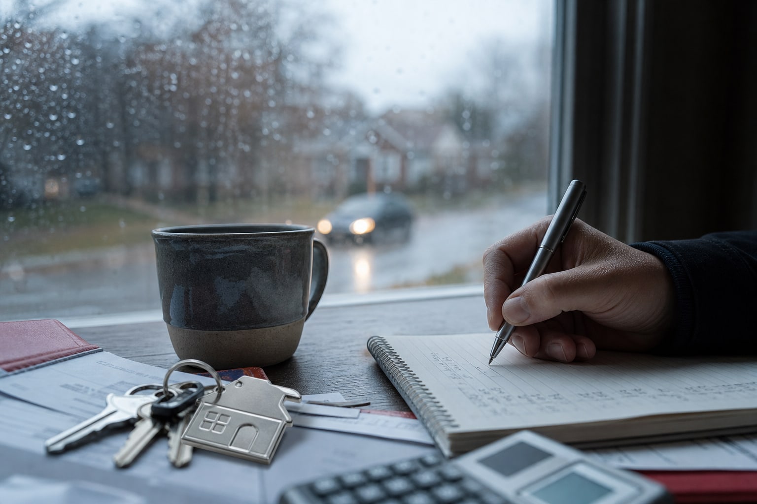 Homebuyer comparing an updated mortgage quote with household costs beside a set of keys