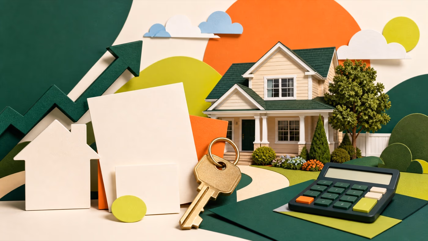 Editorial illustration of a home, house key, calculator, and mortgage papers