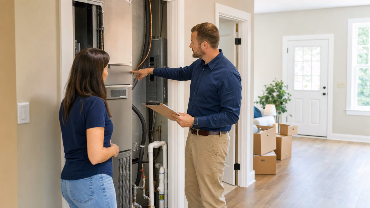 Original editorial image of a homebuyer and inspector reviewing heat-pump equipment in a newly completed home