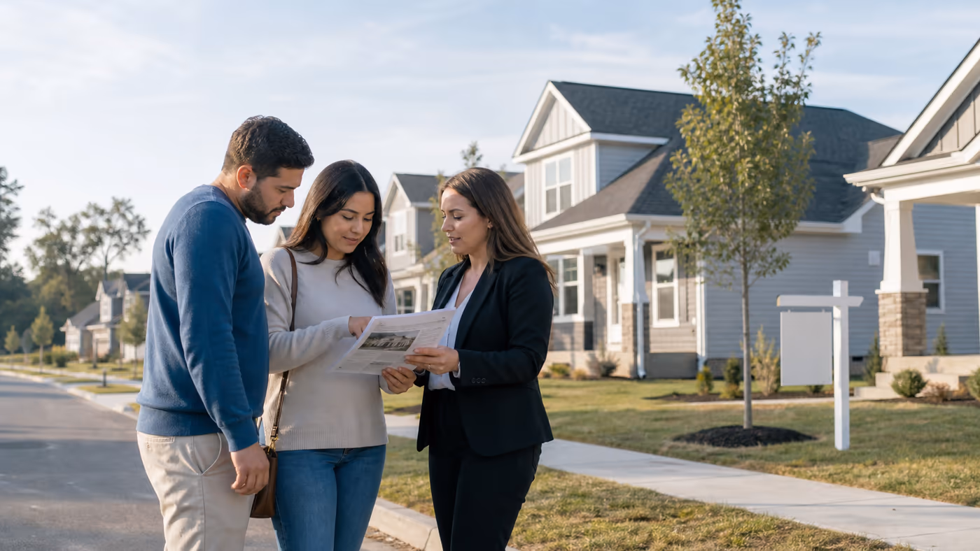 Original editorial image of prospective homebuyers reviewing a listing with an agent on a street of modest newly built homes