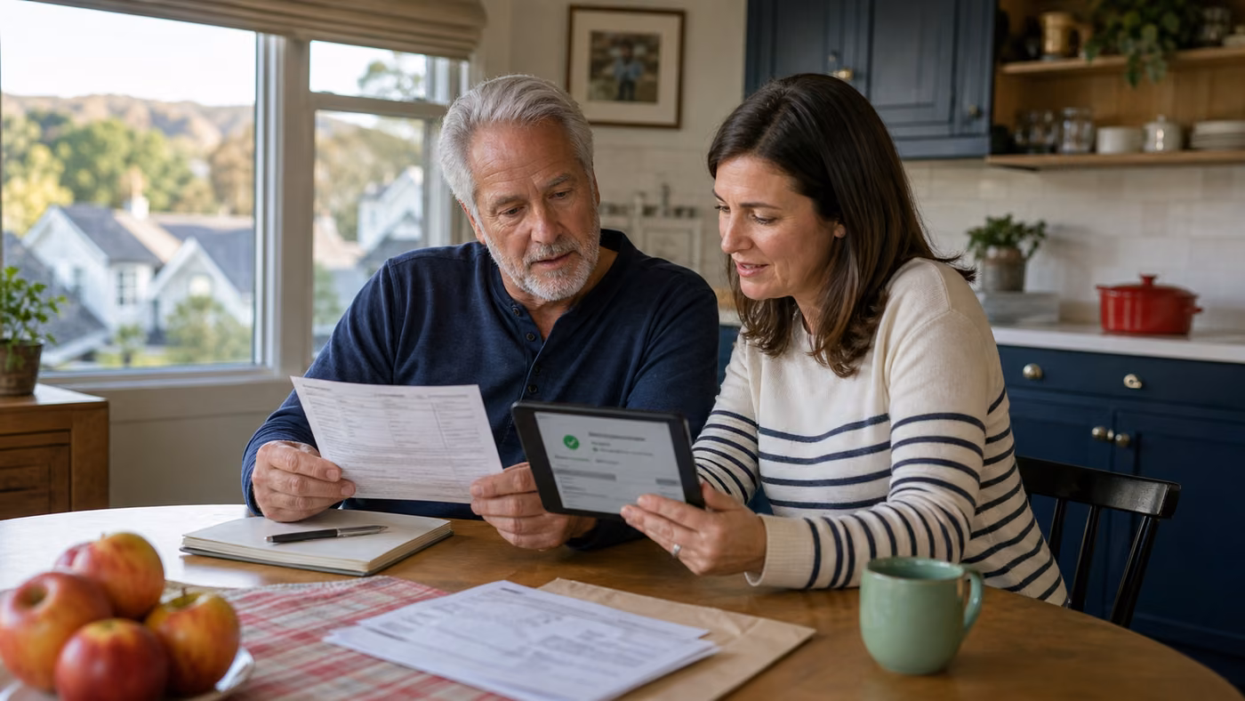 Older New York homeowner and an adult family member reviewing a property-tax notice and tablet