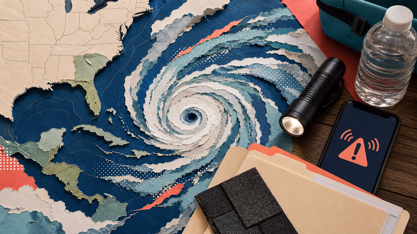 Tactile paper-collage Atlantic hurricane map beside a flashlight, water, phone alert and roof-shingle samples