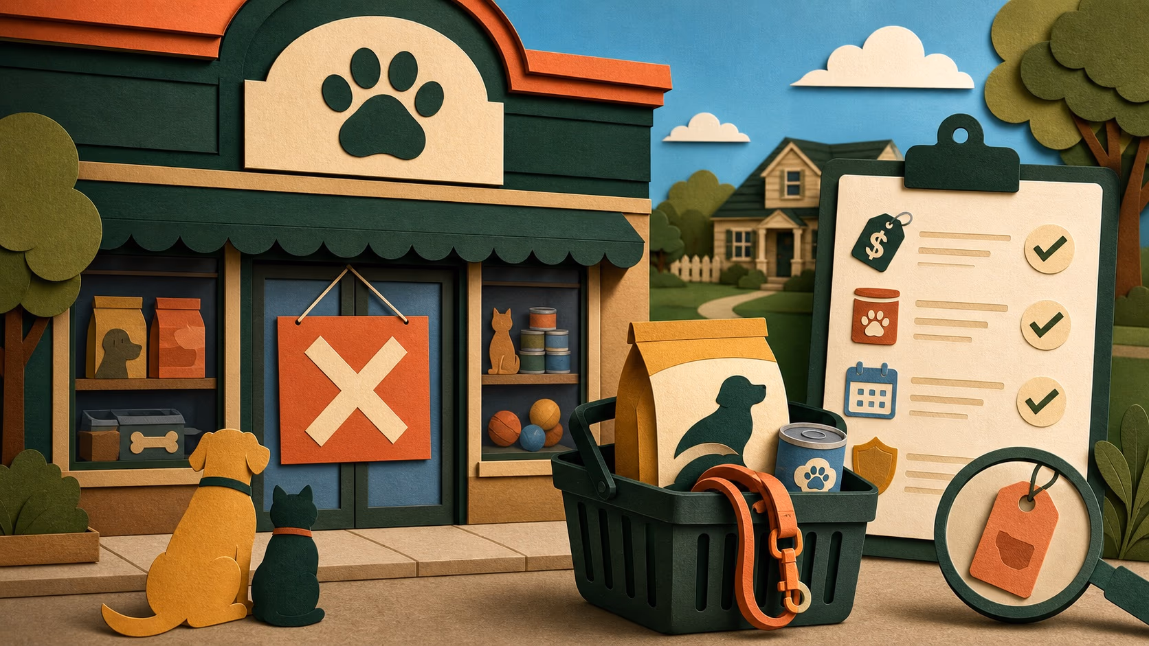 Paper-cut illustration of a closing pet-supply store, shopping basket and practical buyer checklist