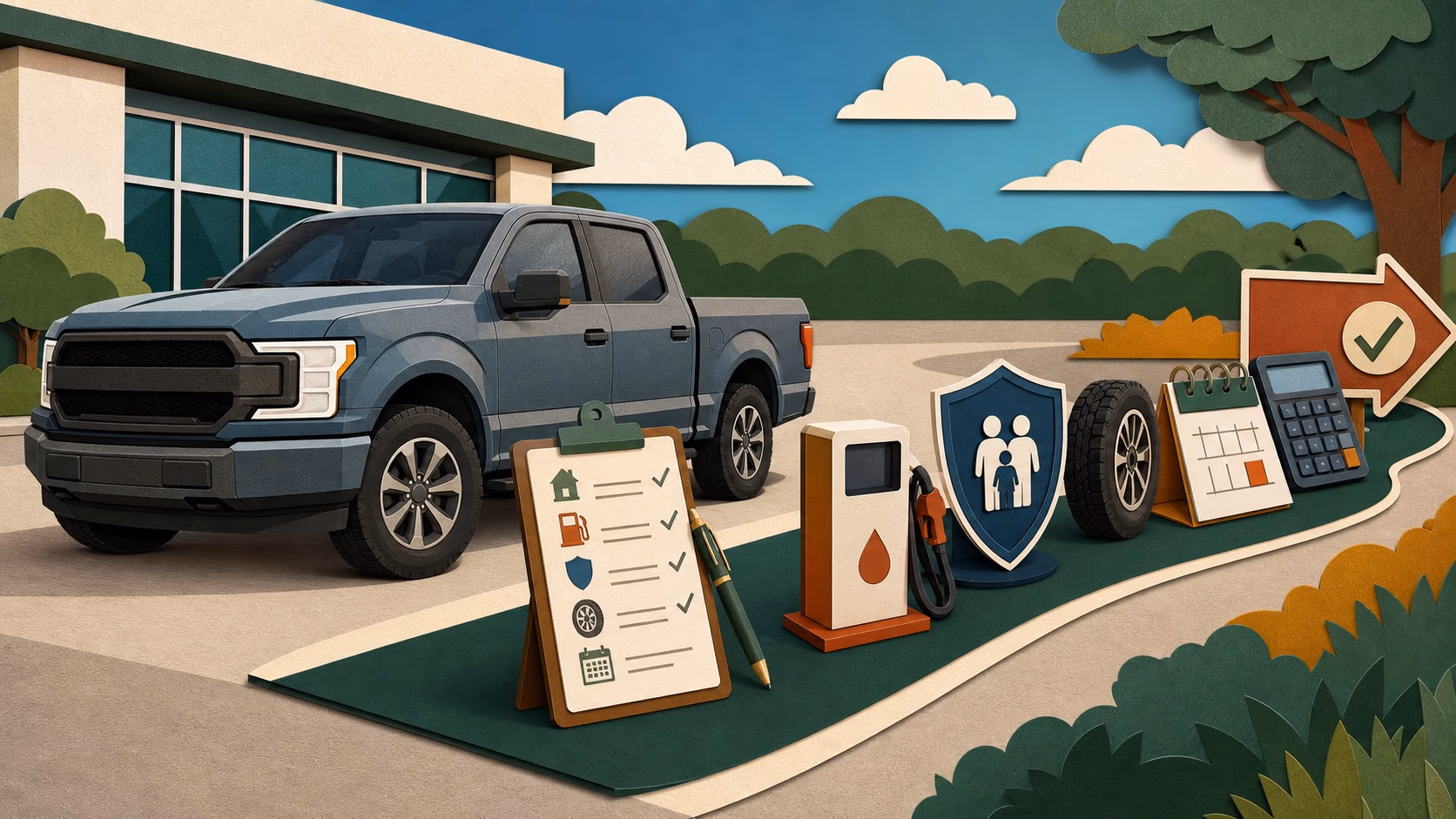 Paper-cut illustration of a pickup and the fuel, insurance, tire and financing costs around it