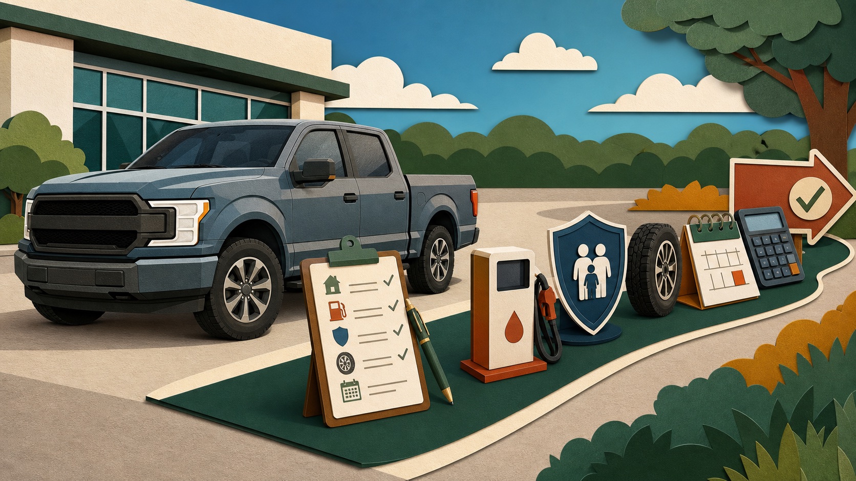Paper-cut illustration of a pickup and the fuel, insurance, tire and financing costs around it