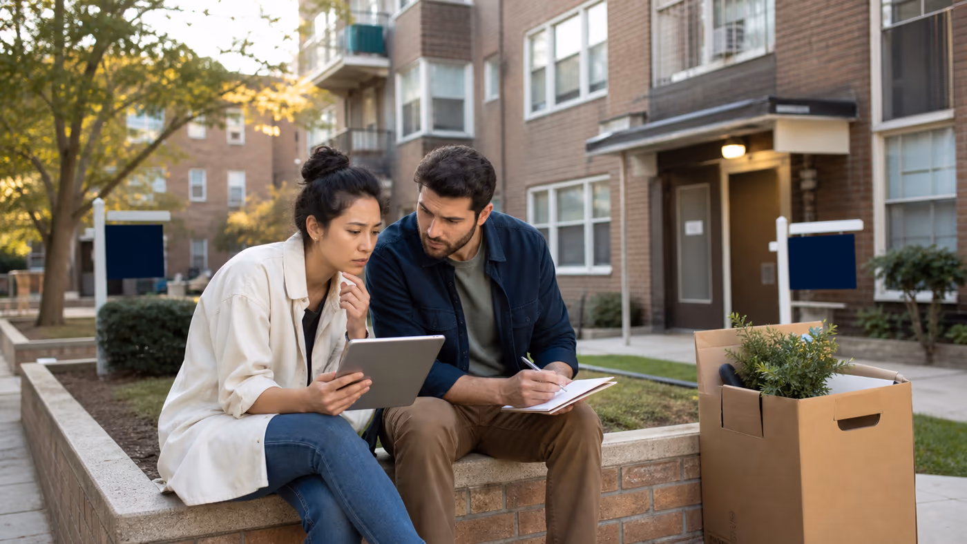 Original editorial image of two prospective renters reviewing apartment listings and a monthly budget outside a modest apartment building