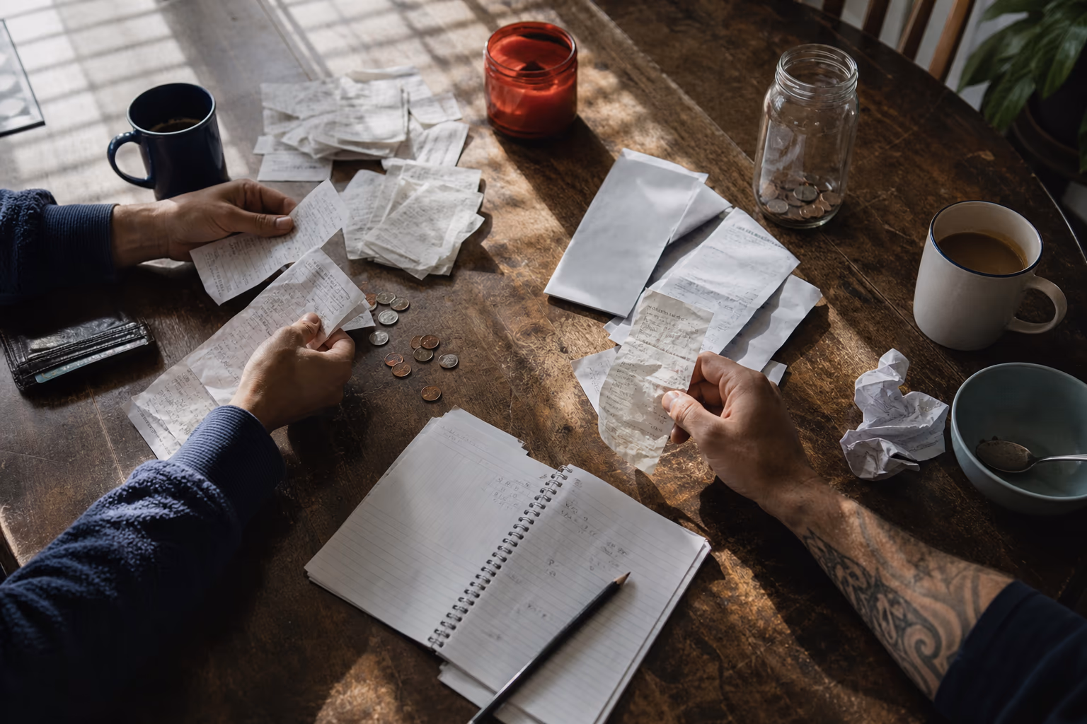 Documentary-style overhead view of a household sorting receipts and emergency savings at a well-used kitchen table