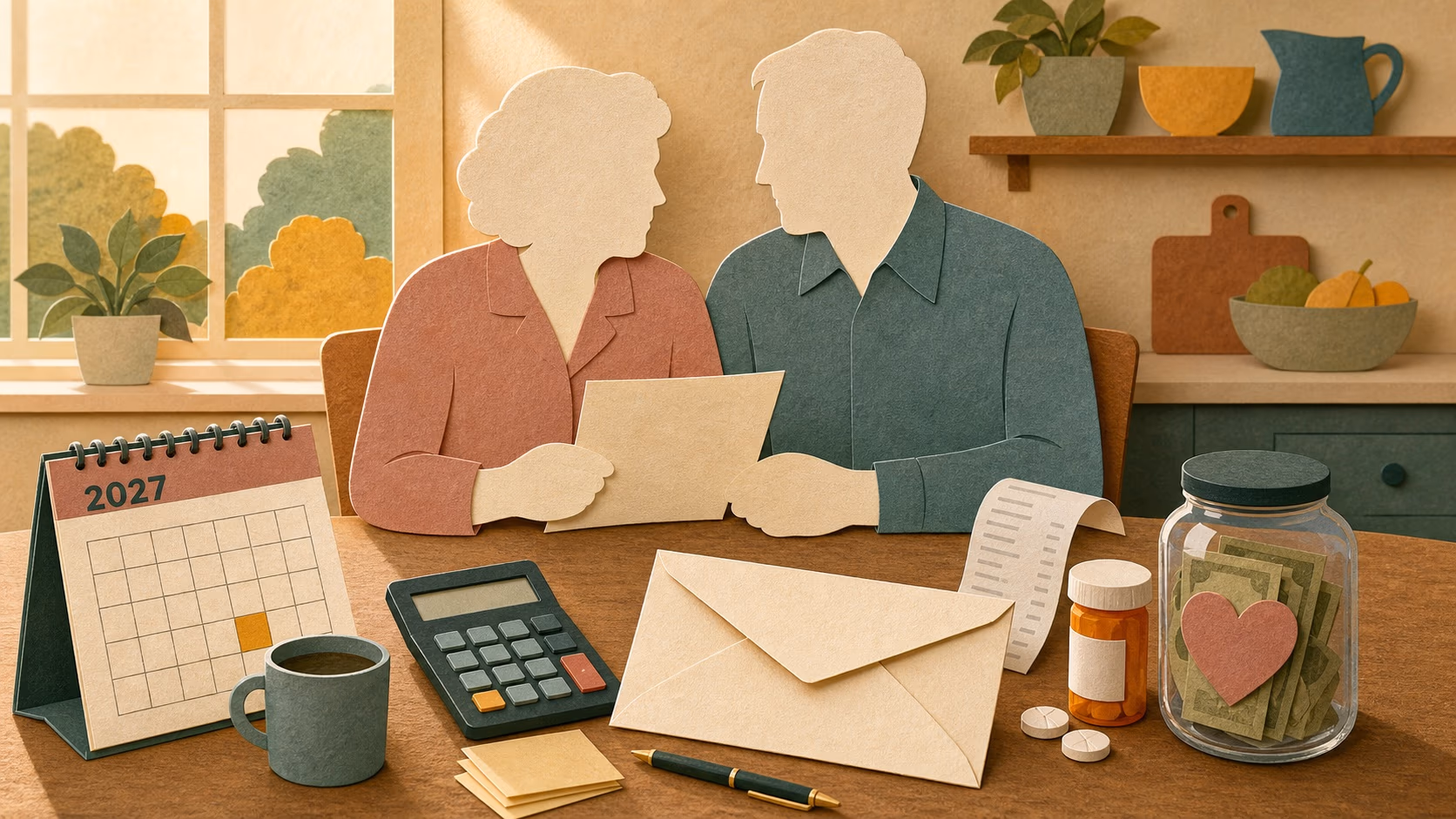 Warm paper-cut scene of a retired couple planning bills at a kitchen table