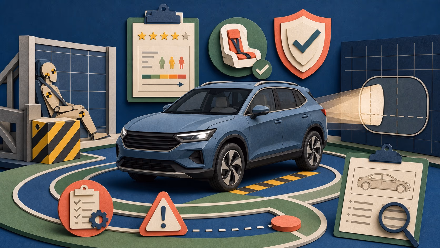 Paper-cut illustration of an unbranded crossover moving through crash, headlight and child-seat safety checks