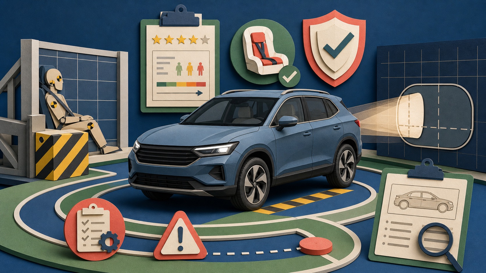 Paper-cut illustration of an unbranded crossover moving through crash, headlight and child-seat safety checks