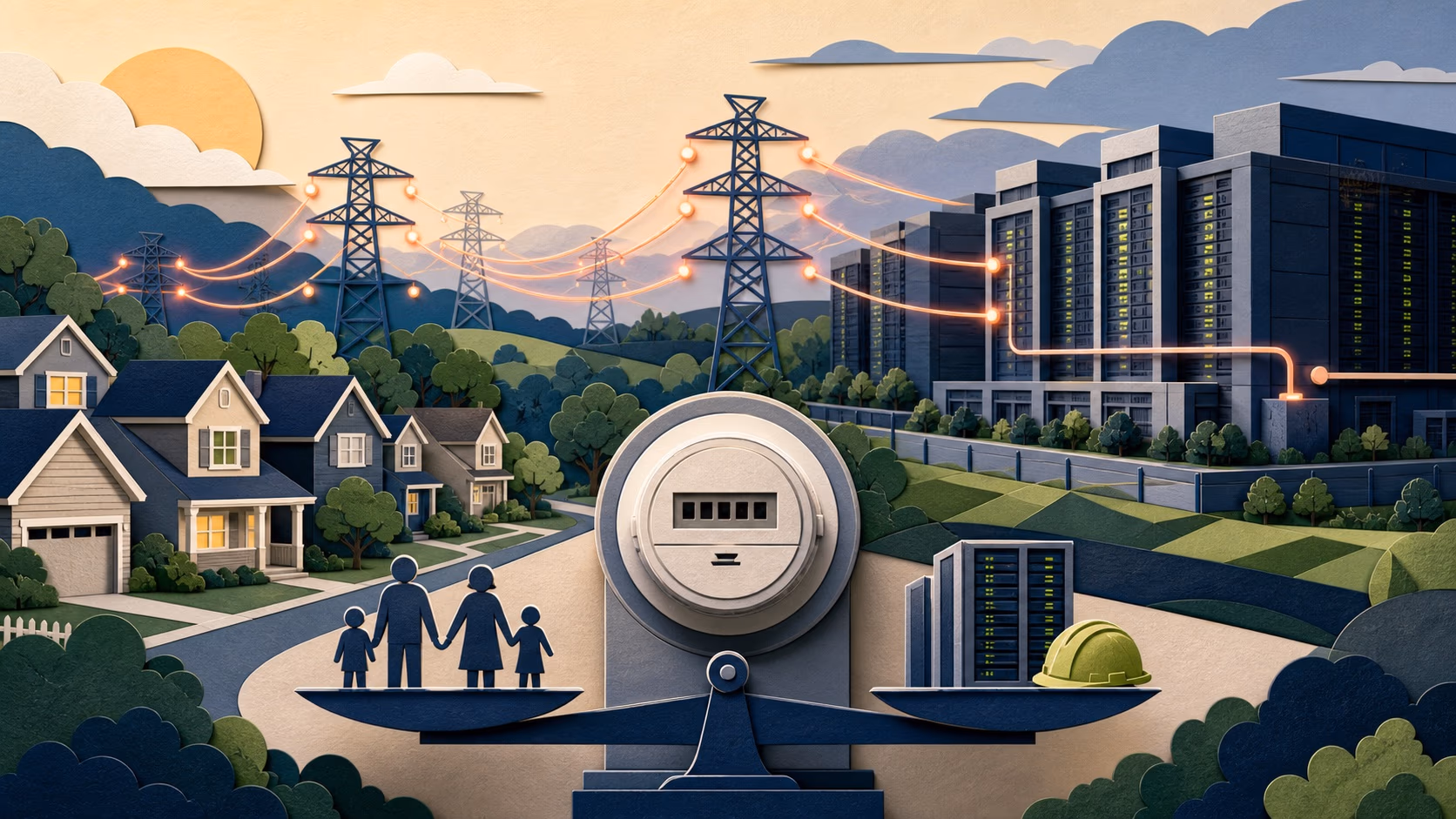 Paper-cut illustration connecting Virginia homes, the electric grid and a large data-center campus