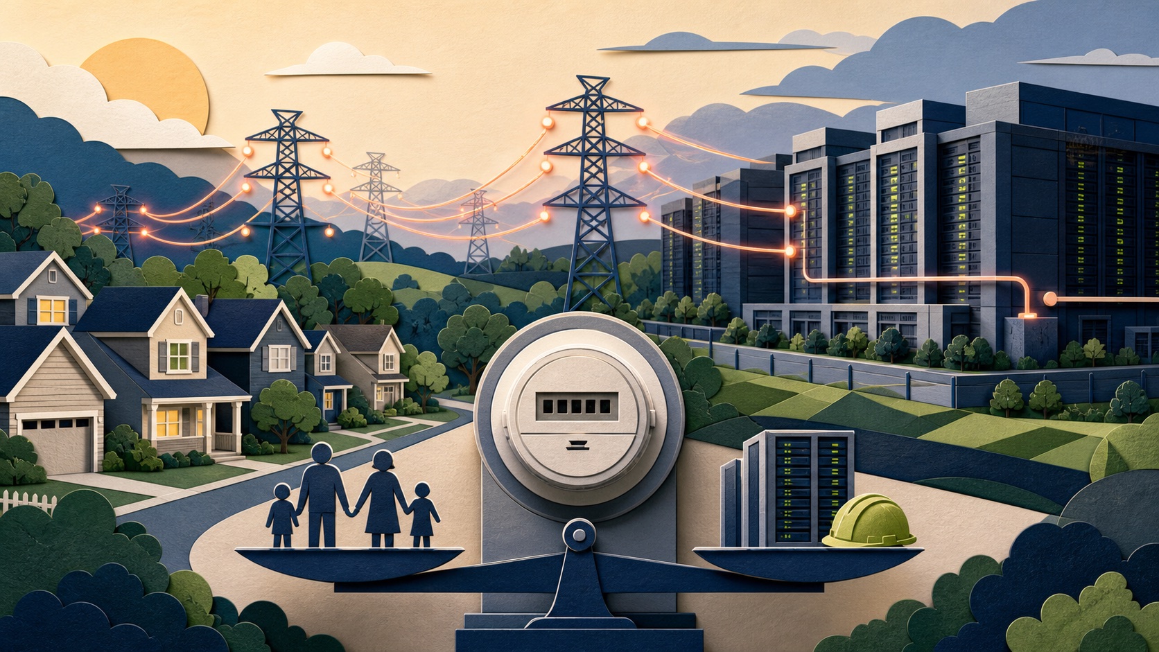 Paper-cut illustration connecting Virginia homes, the electric grid and a large data-center campus