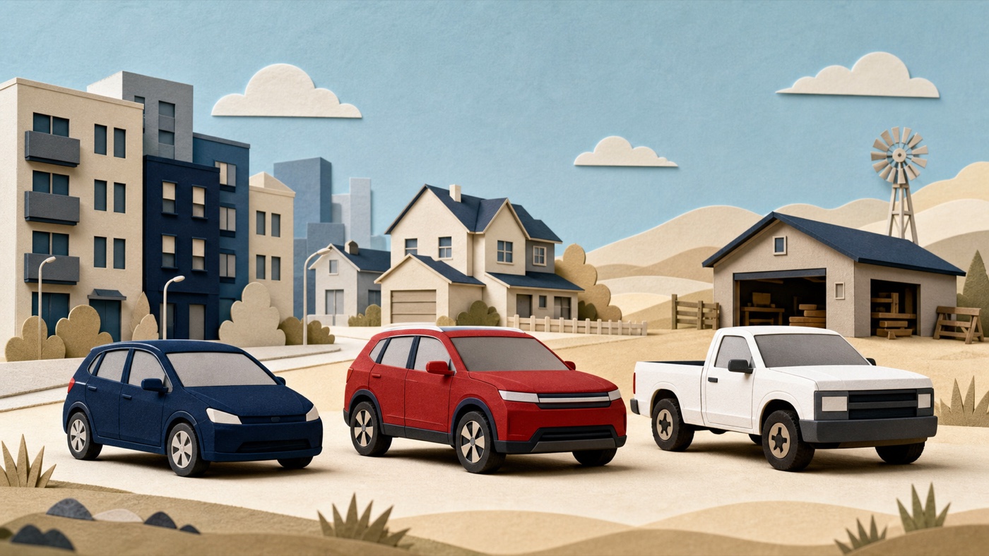 Generic compact car, family crossover and pickup matched to city, suburban and rural homes